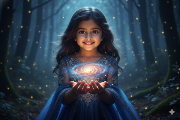 Girl Holding a Miniature Galaxy in Her Hands
