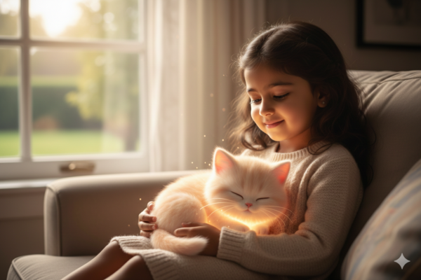 Girl Sitting by a Window with a Glowing Cartoon Kitten on Her Lap