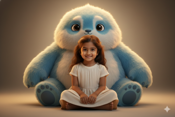 Girl Sitting Calmly While a Giant Glowing Cartoon Guardian Sits Behind Her Like a Throne