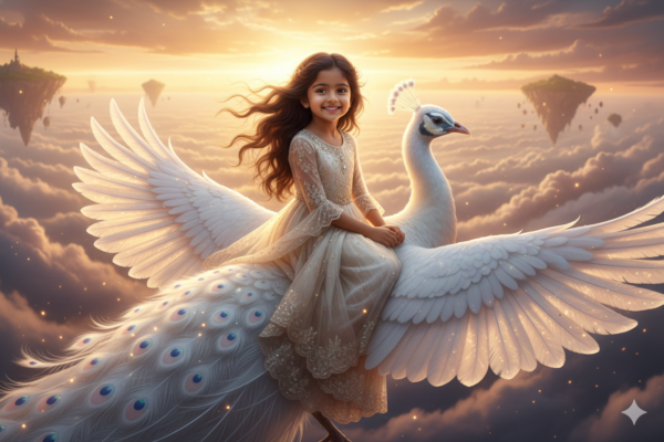 Girl Riding a Giant White Peacock in the Clouds