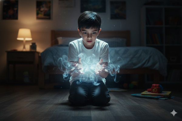 Boy Kneeling on Bedroom Floor at Night While Small Glowing Smoke Swirls Around Him