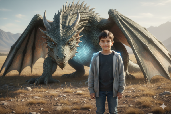 Boy Standing Outdoors While a Powerful Dragon Guardian Rests Behind Him