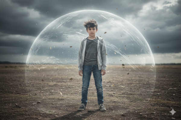 Boy Standing in Wind While a Powerful Invisible Force-Field Protects Him