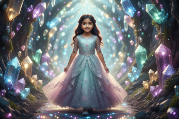 Girl Walking Through a Tunnel of Floating Crystals