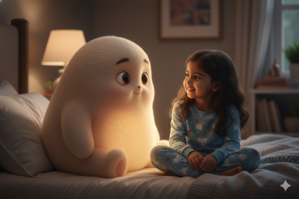 Girl Sitting on Bed with a Huge Cute Full-Body Cartoon Companion Beside Her
