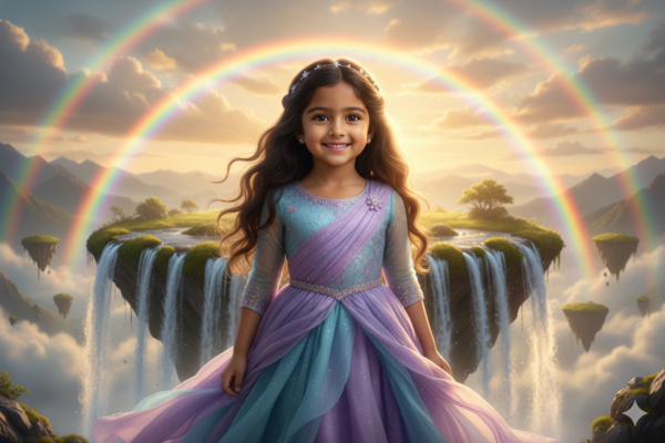 Girl Standing on a Floating Island with Waterfalls and Rainbow