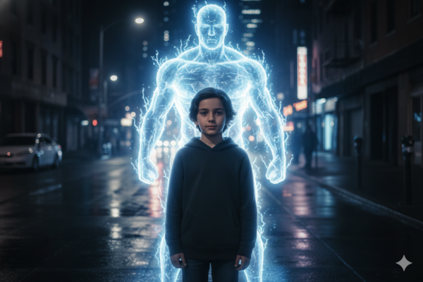 Boy Standing Confidently While a Powerful Energy Guardian Forms Behind Him