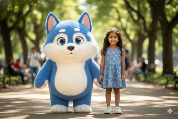 Girl Standing Outdoors with a Full-Body Cartoon Best Friend