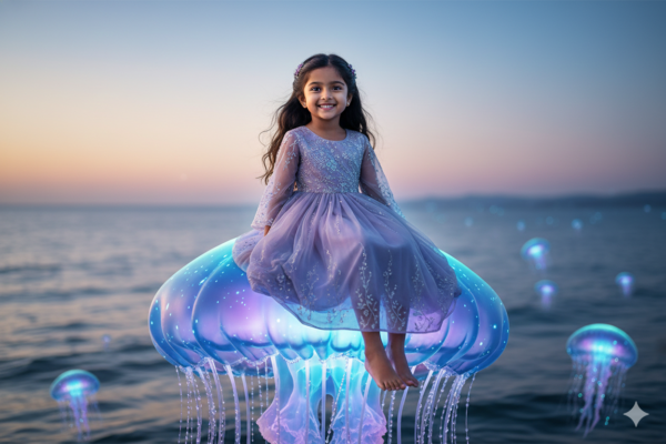Girl Riding a Giant Magical Jellyfish in a Twilight Ocean