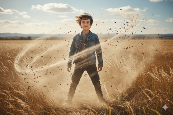 Boy Standing in Open Field While Natural Elements React to Him