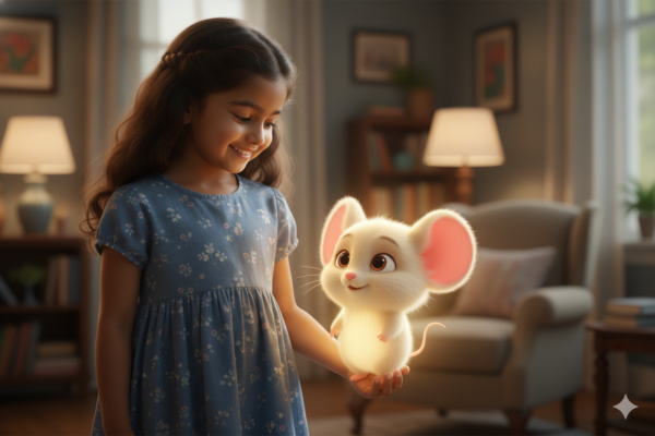 Girl Holding Hands with a Glowing Cartoon Mouse Companion