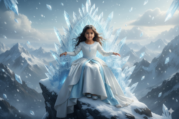 Girl Sitting on a Floating Ice Crystal Throne in a Snowy Mountain Peak