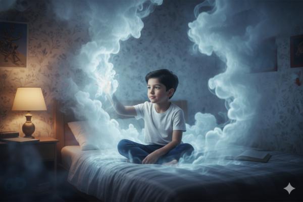 Boy Sitting on Bed at Night While Glowing Smoke Rises to the Ceiling Around Him