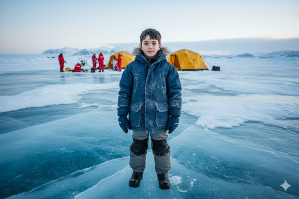 Boy Standing on an Arctic Ice Field During an Expedition