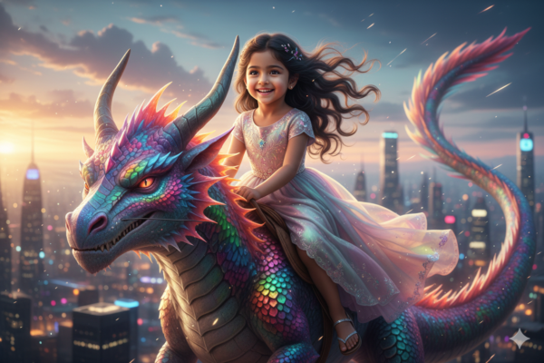 Girl Riding a Magical Rainbow Dragon Above a Glittering City