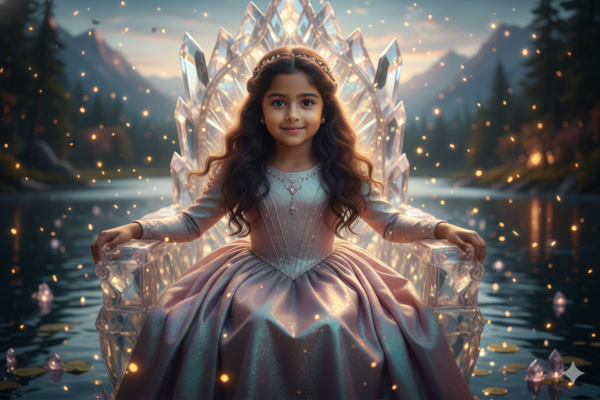 Girl Sitting on a Floating Crystal Throne Surrounded by Fireflies
