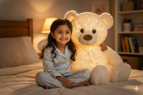Girl Hugging a Glowing Cartoon Teddy Companion