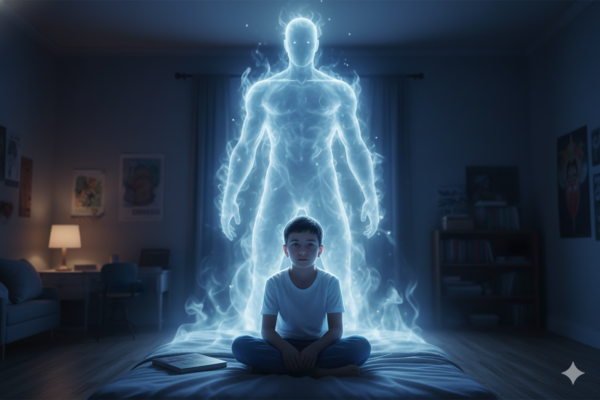 Boy Sitting on Bed at Night While a Huge Glowing Smoke Guardian Rises Behind Him