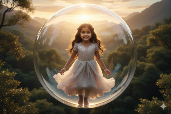 Girl Floating Inside a Giant Glass Bubble Over a Magical Forest
