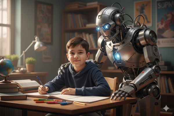 Boy Sitting at Study Table While a Friendly Mechanical Robot Companion Observes Beside Him