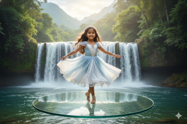 Girl Dancing on a Floating Glass Stage Over a Waterfall
