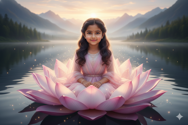 Girl Sitting on a Giant Floating Lotus Flower in a Mystical Lake